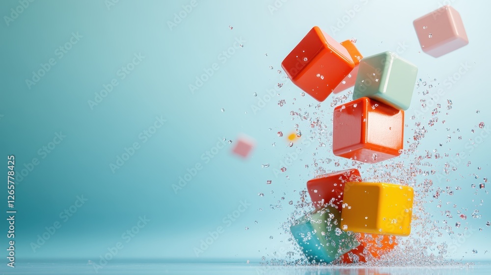 Poster a dynamic scene featuring colorful building blocks suspended in water, creating an engaging visual e