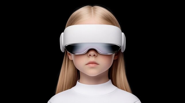 Young Girl Wearing Futuristic VR Headset on Dark Background