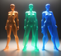 Obraz premium Abstract surrealistic - illustration of glass statue several people standing in pose. Concept project. mindfulness and meditation. Futuristic. cyberpunk. innovation different types of poses. generativ