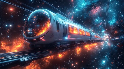 A futuristic space train traveling through a glowing starry void, innovative and cosmic 
