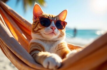 Сat chilling in a hammock on the beach in sunglasses close-up bright sun