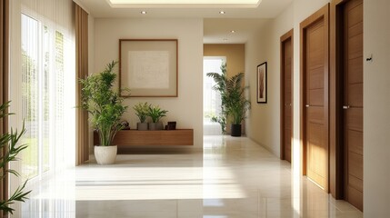 Obraz premium Bright hallway features marble floors plants and wooden accents