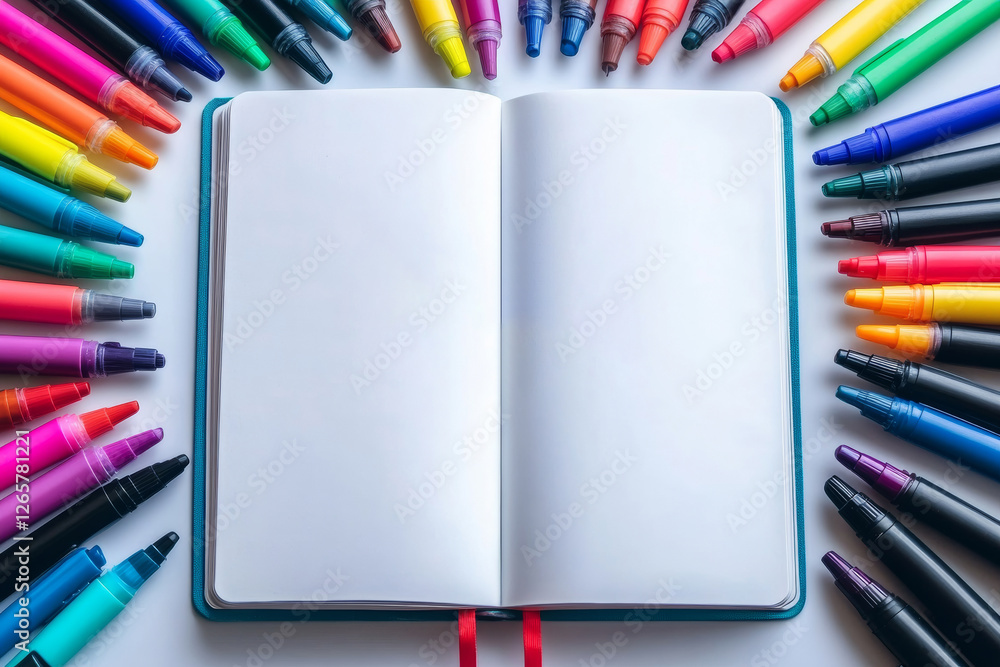 Aufkleber colorful markers and pens are creatively arranged in a star pattern around an open notebook the note