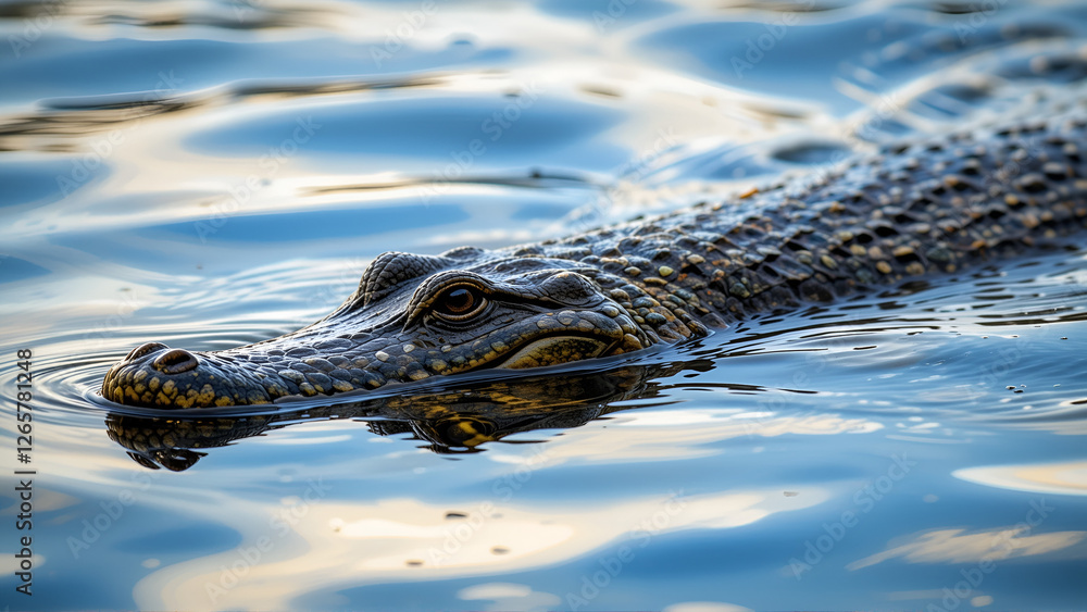 Wall mural caiman in a river a caiman floats in a river, its eyes and nostrils barely visible above the water. 