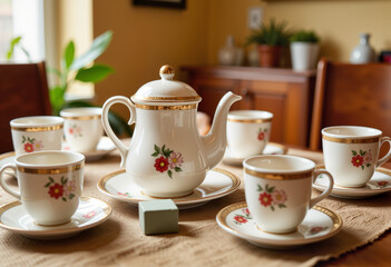 Fototapeta premium Elegant tea set on dining table in warm lighting, Eid al-Fitr celebration