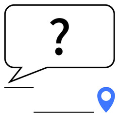 Question mark inside speech bubble above geolocation icon. Ideal for communication, navigation, problem-solving, customer support, inquiry tools, decision-making, abstract line flat metaphor