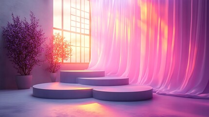 Round podiums illuminated in a gradient of lavender and silver light, set against a backdrop of flowing, translucent fabric. 