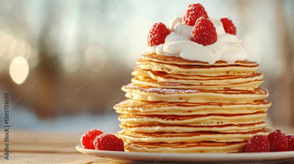 Poster an appetizing stack of fluffy pancakes topped with whipped cream and fresh raspberries, creating a p