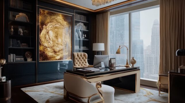 Elegant office with custom cabinetry and city skyline views