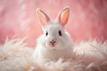 Obraz premium Fluffy White Rabbit on Pink Background - Adorable Pet Photography