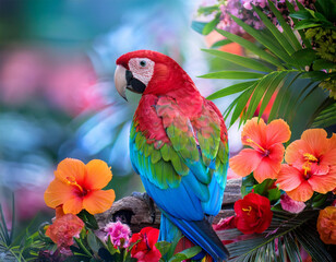 Obraz premium colorful parrot perched on branch with vibrant flowers and leaves