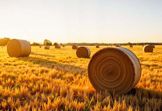 Golden hay bales in rural field at sunset, harvest celebration - Powered by Adobe