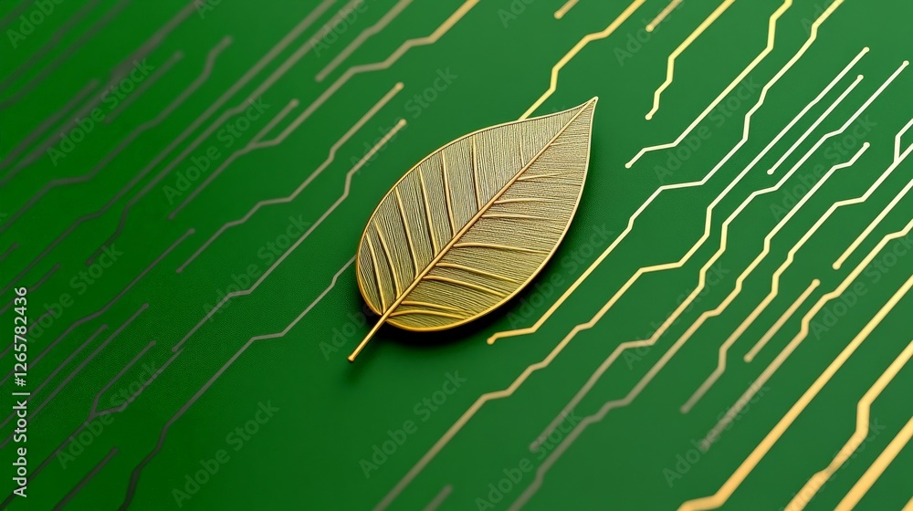 Poster golden leaf on green background with abstract lines and patterns