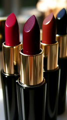 Obraz premium Four lipstick shades, gold and black tubes, close-up, beauty product shot, for makeup advertisement