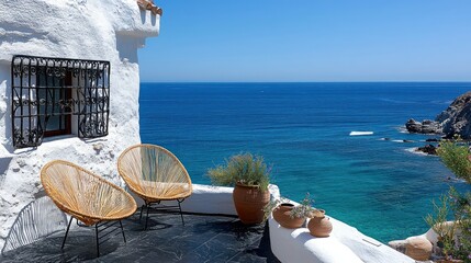 Obraz premium Coastal terrace with wicker chairs overlooking turquoise sea