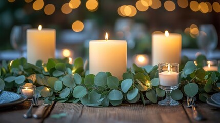 Romantic candlelit dinner table setting, eucalyptus, bokeh