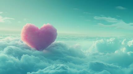 Fototapeta premium Pink heart-shaped cloud above fluffy clouds at sunset; romantic, dreamy sky background for Valentine's Day cards, love themes