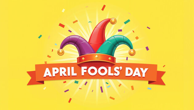 April Fools' Day colorful jester hats on yellow background