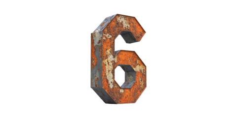Rusty metal number six isolated on transparent background