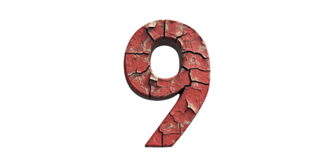 Cracked red number nine isolated on transparent background