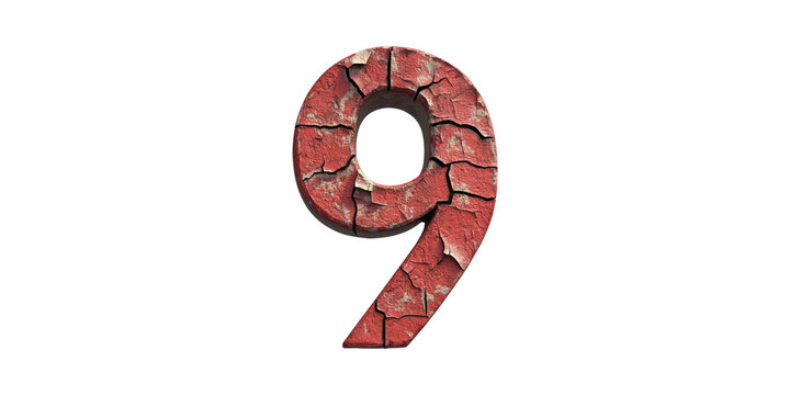 Cracked red number nine isolated on transparent background