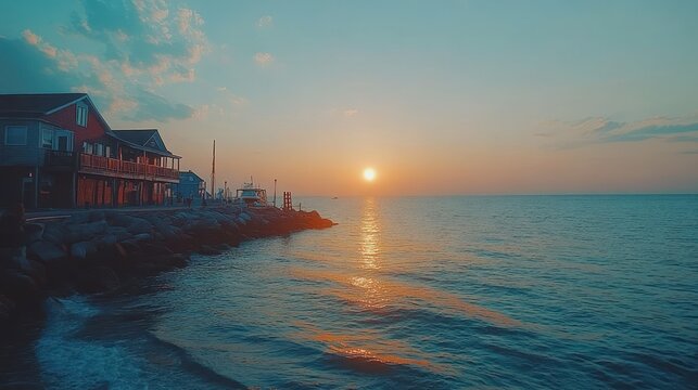 Coastal town waterfront at sunrise