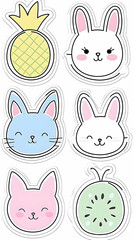 Obraz premium Cute cartoon animals and fruits; pineapple, kiwi, bunny, cat; pastel colors; for children's products