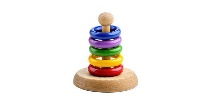 Wooden rainbow stacking toy with colorful rings isolated on transparent background