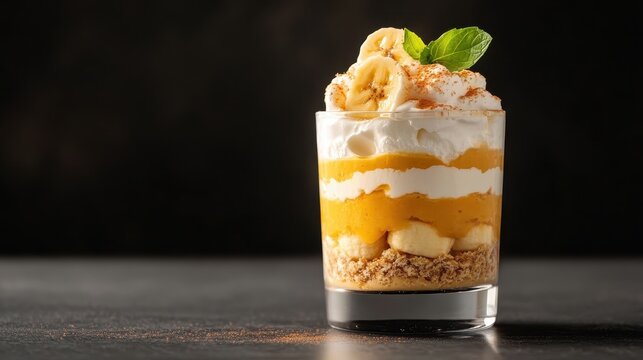 A sumptuous banana cream parfait layered beautifully in a glass, featuring creamy textures, banana slices, and crunchy toppings for a delightful dessert experience.