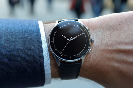 A businessman wearing a sleek modern smartwatch admires its features while strolling through a busy urban area. The scene reflects style and technology in daily life - Powered by Adobe