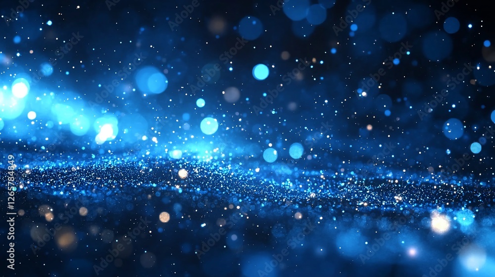 Poster Blue particle wave background; bokeh lights