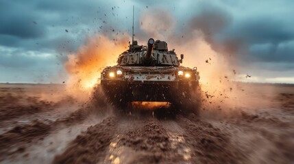 A tank speeds through a muddy battlefield, kicking up mud and debris, emphasizing the relentless power and determination of military forces overcoming obstacles.