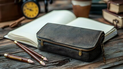 Vintage inspired canvas pencil case placed next to an open notebook with scattered stationery items in a soft natural lighting setting with ample copy space for design or text