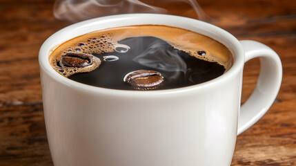 Steaming cup of black coffee on wooden table; morning beverage, aroma, caffeine; ideal for cafe menus or coffee advertisements