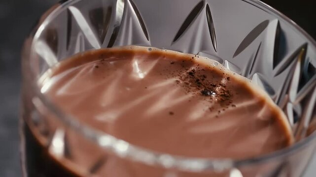 A macro shot of a rich, caramel-hued espresso crema, served in a low retro-style faceted glass with a thick base, its surface glistening under the glow of moody, directional lighting.