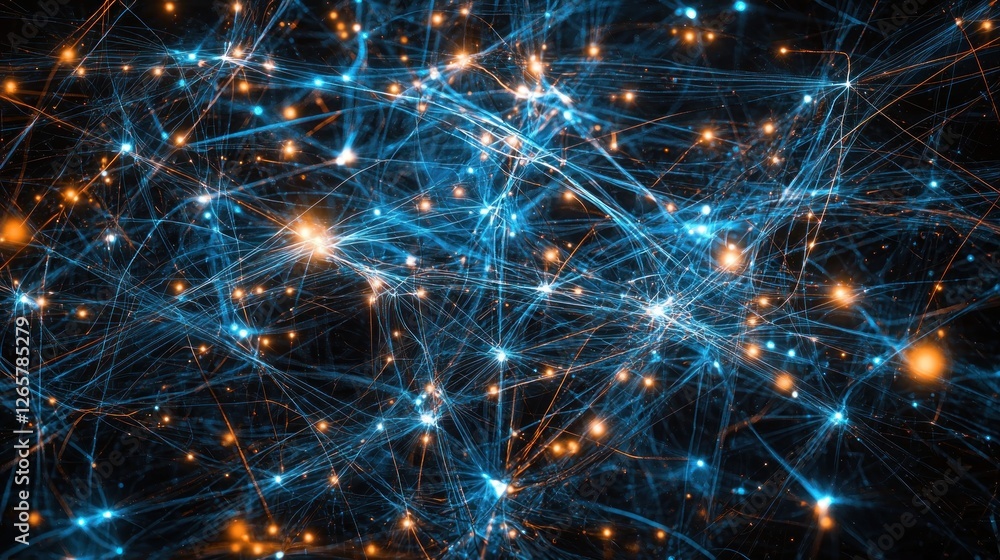 Poster abstract network connections, dark background, glowing nodes. use science, technology, data visualiz