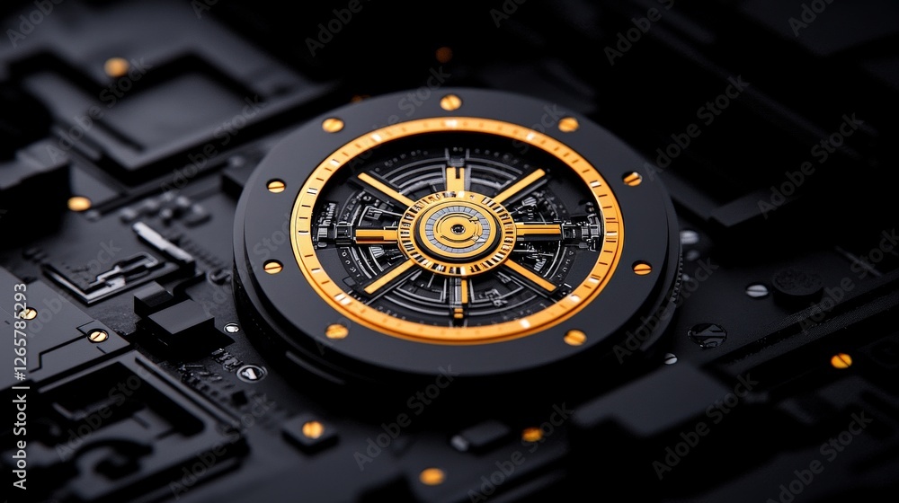 Poster intricate black and gold mechanism with circular design elements