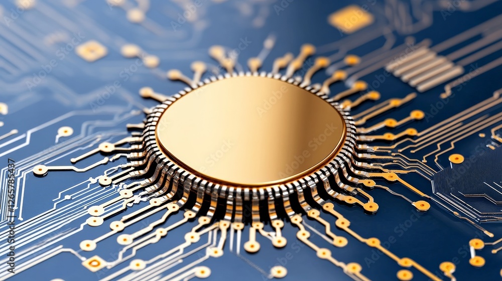 Poster intricate close-up of a gold-plated microchip on circuit board design