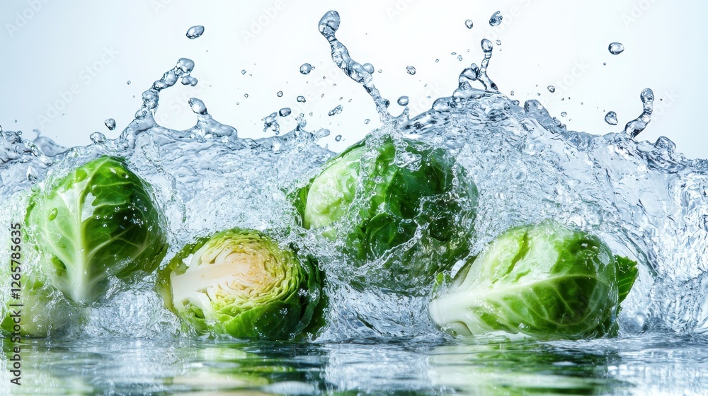 Aufkleber an array of brussels sprouts splashing in water conveys freshness and vivacity. this dynamic image e