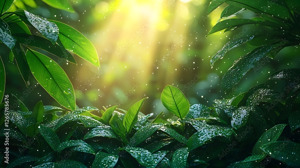 Poster lush sunlit rainforest with sparkling streams and pools creating a magical ambiance