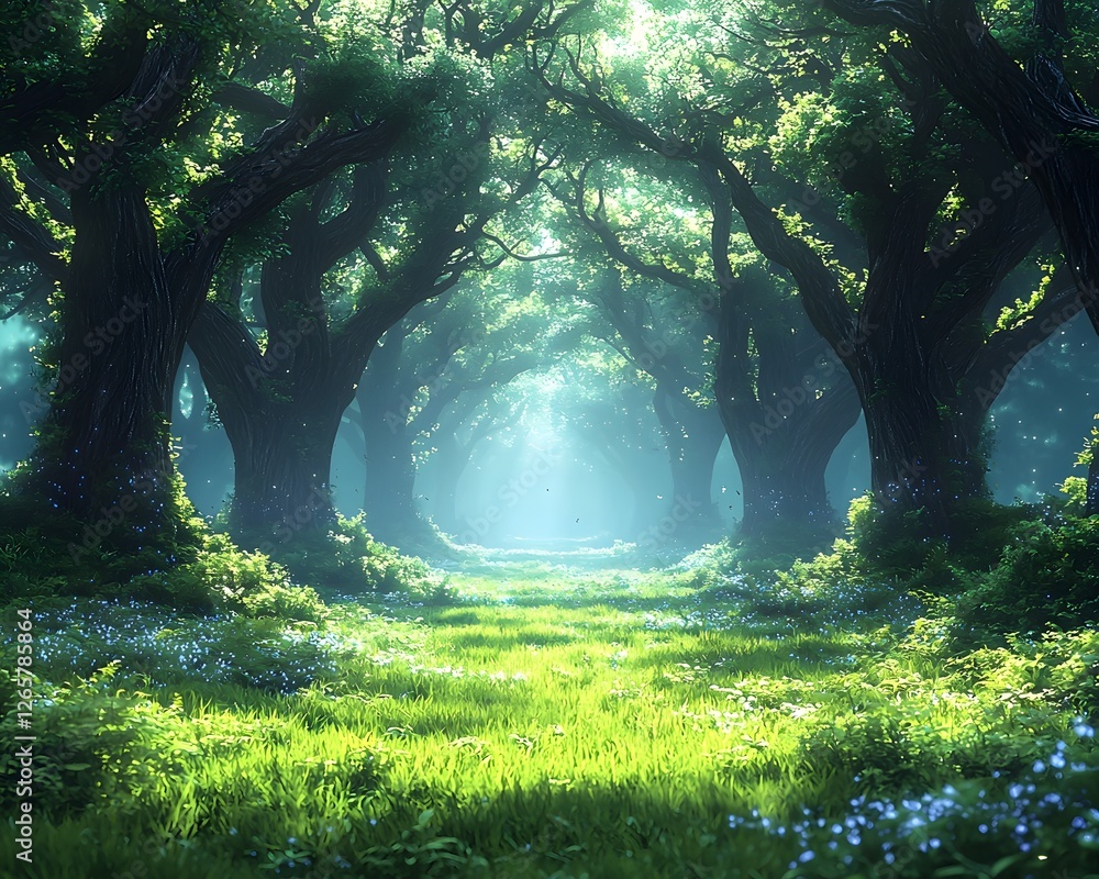 Poster enchanting bioluminescent forest with towering trees and drifting fog