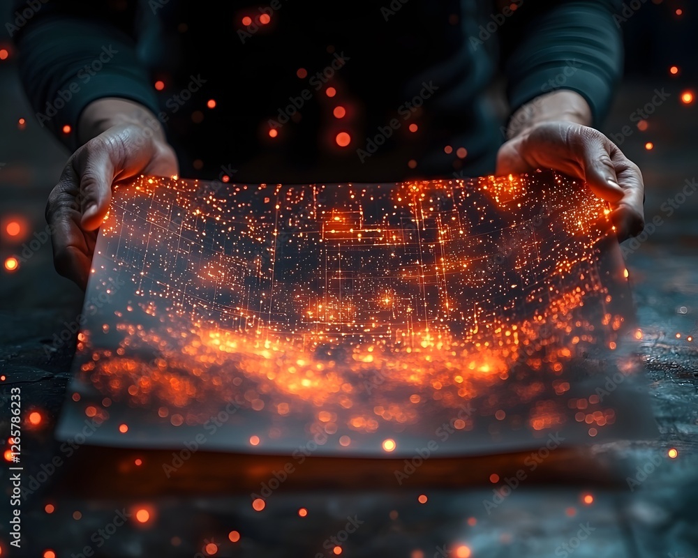 Poster dynamic business leader holding glowing blueprint surrounded by floating digital icons representing 