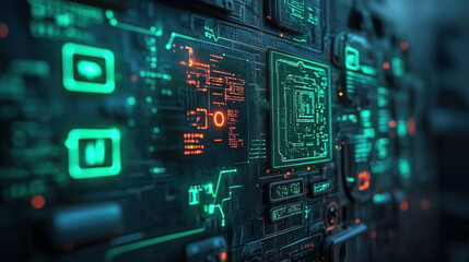 Fototapeta premium Digital technology, Futuristic space station 3D rendering with high fidelity, showcasing advanced design and technology in a sleek visual format.