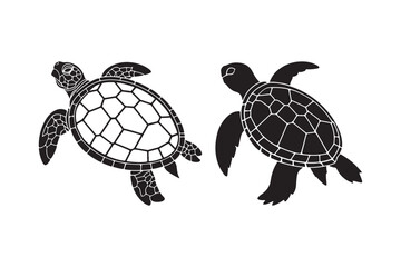 Sea Turtle Silhouette and Outline Clipart Set