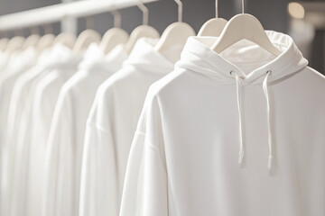 A row of white hoodies neatly hanging on wooden hangers in a clothing store. The soft fabric and minimalist display create a clean, modern look, perfect for fashion and retail-related designs
