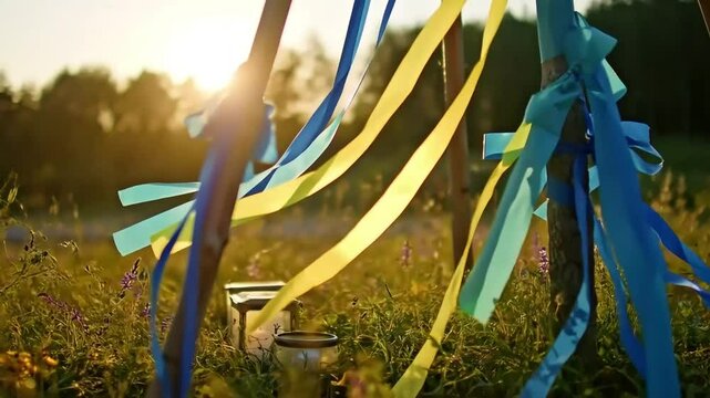 A vibrant Swedish Midsommar celebration in a lush green meadow, with a traditional maypole decorated with flowers and blue and yellow ribbons