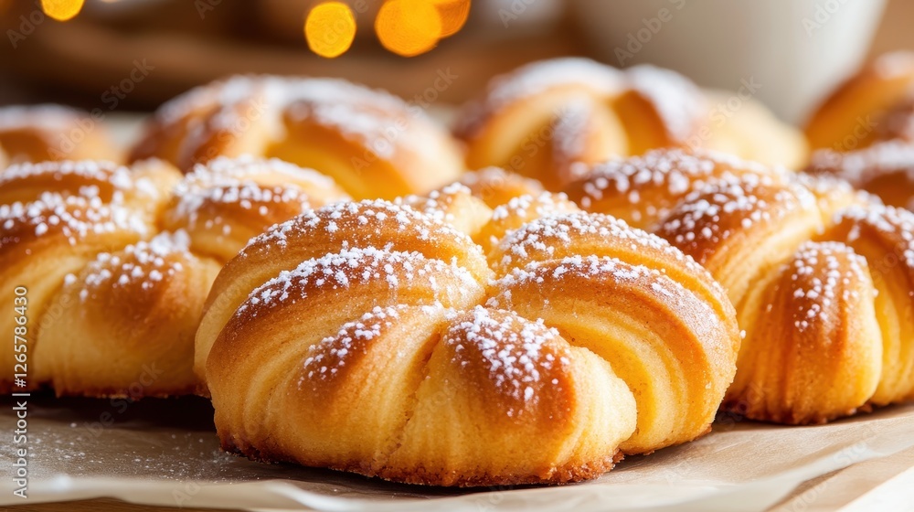 Poster a delightful array of sweet pastries, intricately layered and dusted with powdered sugar, evoking fe