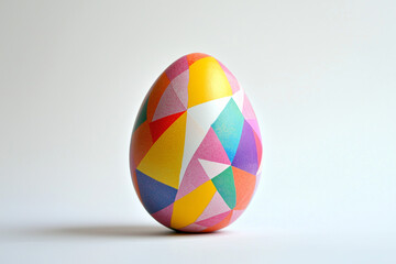 onr Easter egg with colorful geometric patterns, positioned on clean white background with ample blank space for custom text