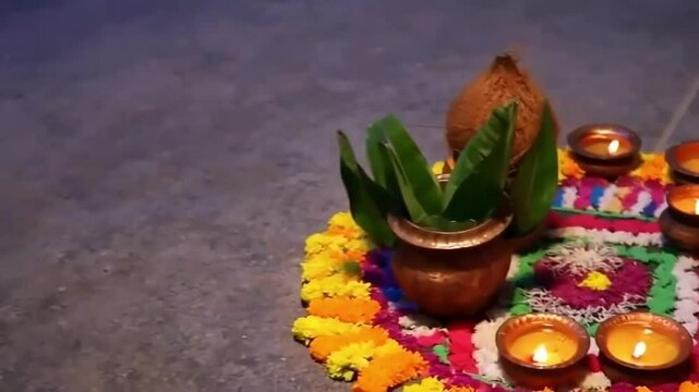 A vibrant and festive  Happy Ugadi, featuring traditional elements like mango leaves, rangoli patterns, and a decorated pot (kalash) with coconut. 
