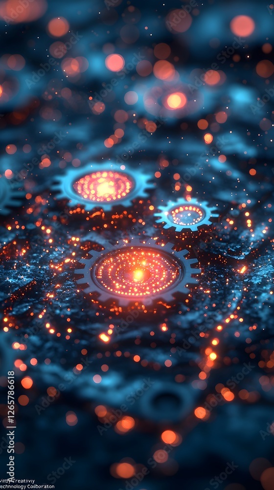 Poster glowing gear system symbolizing innovation driven processes and business concepts